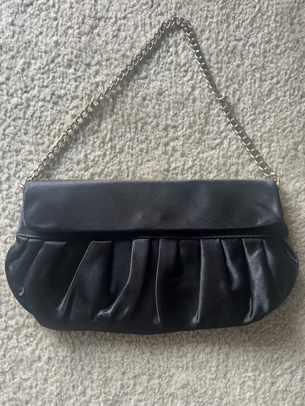 LOFT Black Pleated Satin Clutch with Gold Chain